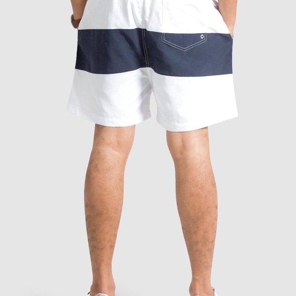 OLGYN Men’s Navy Blue White Striped Swim Shorts - Picture 2 of 6